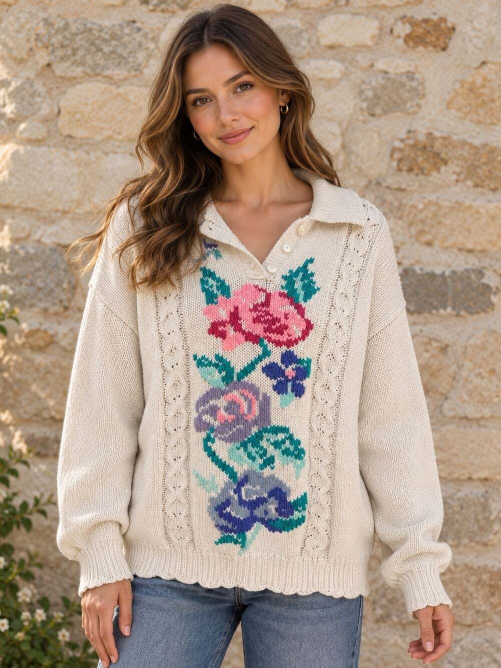 Vintage Lady Foot Locker Cottagecore Grandma Floral Knit Sweater M